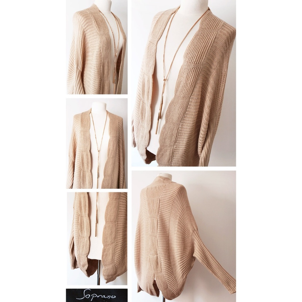 Beige Scallop Edge Open front Cozy Cocoon Cardigan - Picture 3 of 8